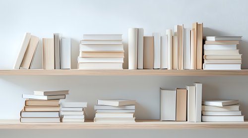 Books arranged on wooden shelves against white wall in minimalist style. Collection of hardcover and paperback volumes in neutral beige and white colors creates calm atmosphere.
