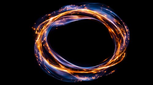 Glowing orange and blue light trails form dynamic circular pattern against black background, creating luminous energy ring effect with sparkling particles.