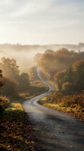 Winding country road through autumn landscape with golden morning light and misty atmosphere creating peaceful rural scenery for travel and nature concepts.