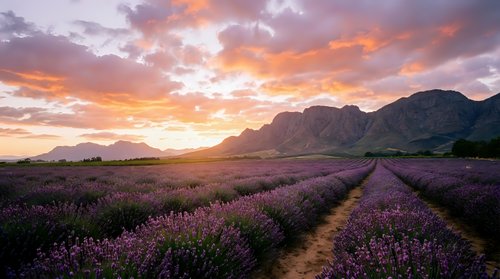 Lavender field rows stretching toward dramatic mountain range under vibrant sunset sky with orange and pink clouds creating peaceful agricultural landscape.