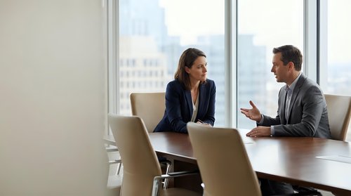Professional business meeting with confident woman and man discussing strategy in modern conference room with city view for corporate presentations.
