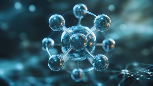 Transparent spheres connected in molecular structure formation with blue lighting and bokeh background, suitable for science, technology, and research presentations.