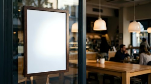 Blank white poster frame mockup on glass door of modern cafe restaurant with blurred interior background for menu display and promotional signage.