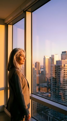 Professional blonde businesswoman in suit gazing through office window at urban skyline during golden hour sunset with warm lighting and city buildings.