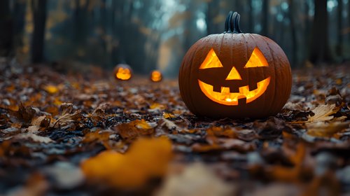 Glowing carved pumpkin with classic happy face sits among fallen autumn leaves in misty forest at dusk, creating spooky Halloween atmosphere with bokeh lights.