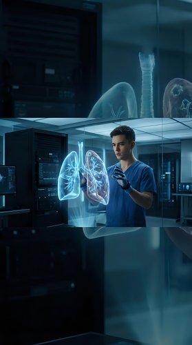 Young male doctor examining holographic lung anatomy in futuristic medical laboratory with advanced technology for healthcare innovation and diagnosis.