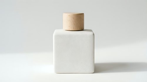 Minimalist white ceramic bottle with wooden cap on light background, elegant packaging design for perfume, cosmetics or home fragrance.