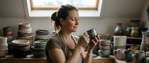 Caucasian female potter admires handmade ceramic mug in cozy studio surrounded by handcrafted bowls and vases on wooden shelves.