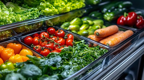 Fresh organic produce display in grocery store with vibrant tomatoes, carrots, leafy greens, and colorful vegetables arranged in retail counter bins.