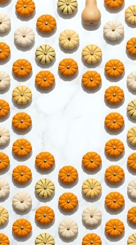 Colorful mini pumpkins and gourds arranged in repeating pattern on white marble background for autumn harvest seasonal decoration and fall holiday designs.