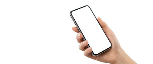 Hand holding modern smartphone with blank white screen isolated on white background for mobile app mockup and digital technology presentation.