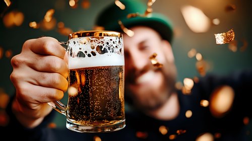 Frosty glass of draft beer with foam head held by person against dark background with golden bokeh lights and festive atmosphere. Perfect for beverage marketing.