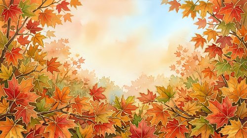 Autumn maple leaves frame a warm, glowing sky in this seasonal background. Perfect for fall designs, greeting cards, and seasonal marketing materials.
