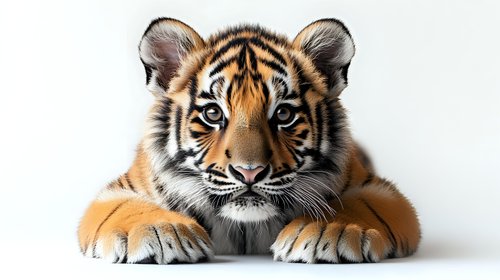 Young Bengal tiger cub lying down with paws forward on white background, close-up portrait showing bright blue eyes and distinctive striped markings. Isolated wildlife.
