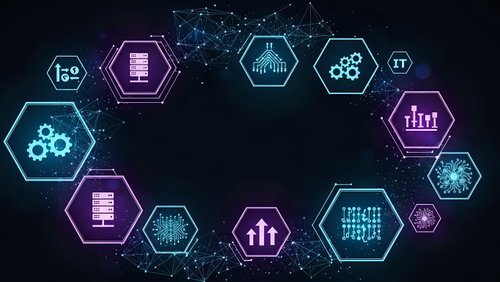 Digital technology hexagonal icons with glowing neon effects on dark background for business presentations, data analytics and tech industry concepts.