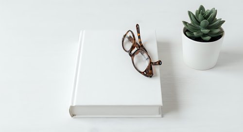 Minimalist white book with reading glasses and succulent plant on clean desk surface for modern workspace and educational content.