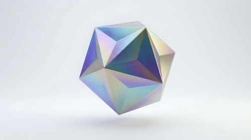 Holographic geometric crystal with iridescent rainbow reflections floating on clean white background for modern digital art and futuristic design projects.