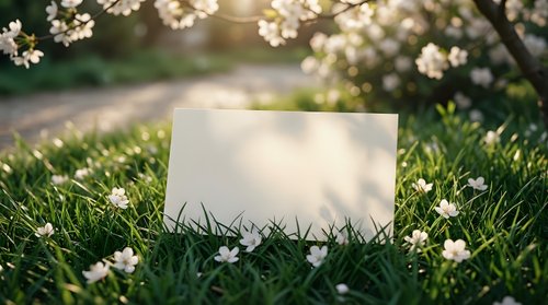 Blank white card on green grass with spring cherry blossoms and warm sunlight for greeting cards, invitations, and seasonal marketing materials.