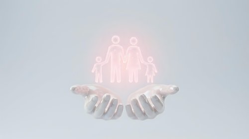 Glowing family silhouettes floating above open hands symbolizing care, protection, and support for loved ones. Use for family insurance, healthcare, and welfare concepts.