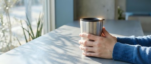 Cozy morning moment with hands holding warm coffee mug at sunny kitchen table creating peaceful atmosphere for relaxation and mindfulness.