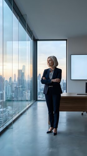 Professional businesswoman in dark suit standing confidently in modern office with floor-to-ceiling windows overlooking city skyline at sunset.