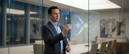 Professional businessman presenting holographic data visualization in modern conference room for corporate technology solutions.