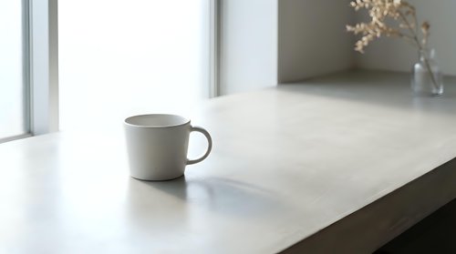 Minimalist ceramic mug on modern marble countertop with natural light from window, suitable for lifestyle, home decor, and beverage product marketing.