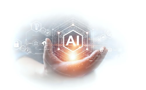 Hand holding glowing AI hexagon symbol with digital network connections and data visualization elements for technology and artificial intelligence concepts.