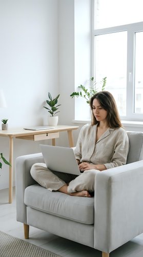 Young woman working from home on laptop computer sitting in comfortable armchair by window in bright modern living room with plants for remote work lifestyle.