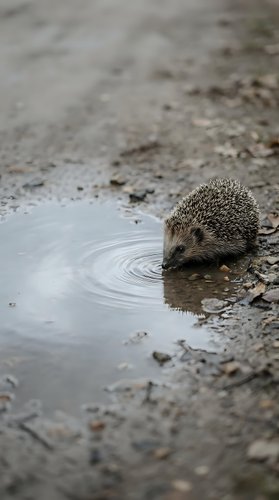 Small hedgehog drinking water from puddle creating ripples on muddy ground with shallow depth of field nature wildlife photography.