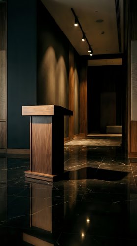 Modern luxury hotel lobby interior with wooden podium and polished marble floors reflecting warm ambient lighting for hospitality design.