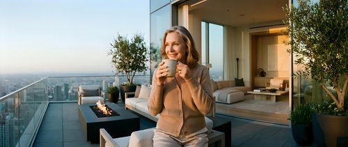 Young blonde woman enjoying morning coffee on luxury penthouse terrace with city skyline view and modern architecture design for lifestyle content.