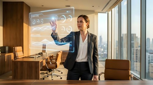 Professional businesswoman interacting with futuristic holographic interface in modern office with city skyline view during presentation or meeting.