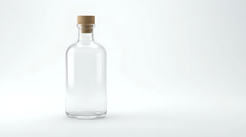 Empty clear glass bottle with cork stopper on white background, isolated for product mockup and packaging design projects.