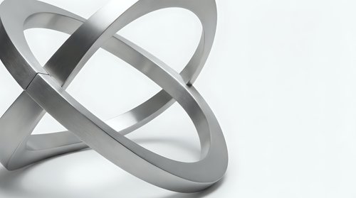 Abstract metallic rings intersecting in dynamic composition on white background for modern design projects and corporate presentations.