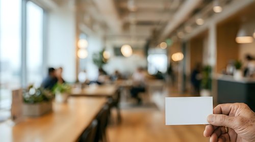 Modern office worker holding blank business card in contemporary workspace with natural light and colleagues collaborating in background.