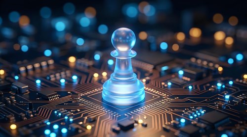 Glowing chess pawn piece on futuristic circuit board with bokeh lights representing strategic thinking, artificial intelligence and digital transformation.