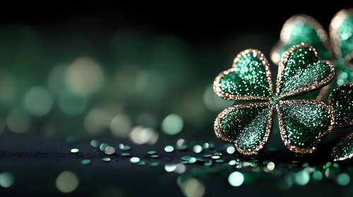 Sparkling green clover with glitter effect on dark background with bokeh lights creates magical St Patrick's Day atmosphere for festive designs.