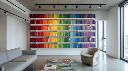 Modern living room interior with colorful rainbow book wall display, gray sofa, coffee table and large windows creating bright contemporary space.