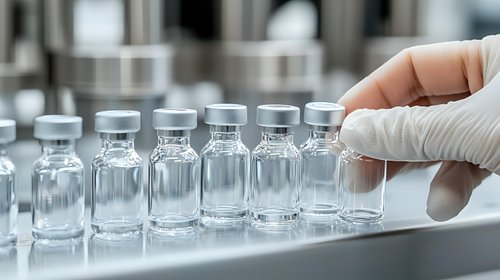 Laboratory worker in protective gloves examining row of glass vials containing clear liquid solution in medical research facility. Scientific testing concept.