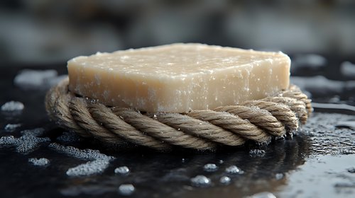 Natural handmade soap bar on rustic rope with water drops on dark surface, organic skincare product for spa and wellness treatments, macro shot.