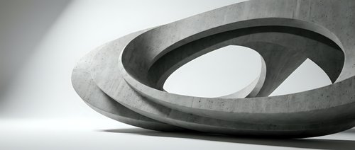 Abstract concrete ring sculpture with curved geometric form casting dramatic shadows on white surface for modern architectural design projects.