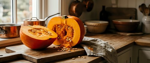 Fresh orange pumpkin cut in half showing seeds and flesh on wooden cutting board in rustic kitchen setting for autumn cooking and seasonal recipes.