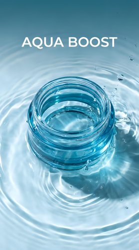 Clear glass jar filled with transparent gel or serum surrounded by rippling water and droplets, representing hydration and skincare benefits for cosmetic and beauty product marketing.