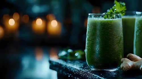 Fresh green smoothie with ginger root and herbs garnish on dark moody background with glowing candles, healthy detox drink served in tall glass.