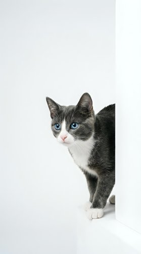Adorable gray and white kitten with bright blue eyes on clean white background, isolated for pet care designs and animal lover projects.