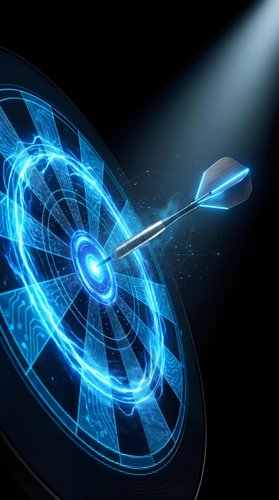 Glowing blue digital target with dart hitting center on dark background, representing precision, success, and strategic business goals achievement.