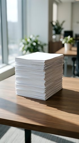 Stack of white paper documents on wooden desk in modern office workspace for business and administrative tasks.