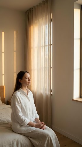 Peaceful young woman in white robe meditating in sunlit bedroom with warm natural light streaming through sheer curtains creating serene morning atmosphere.