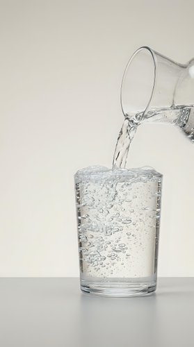 Clear water being poured from glass pitcher into drinking glass with bubbles and splash on neutral background for health and hydration concepts.